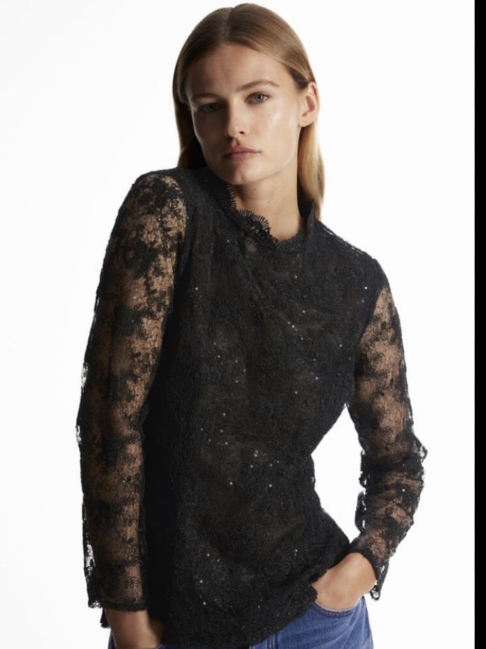 Zara Black Sequin Lace Long-Sleeve Top Size M NWT